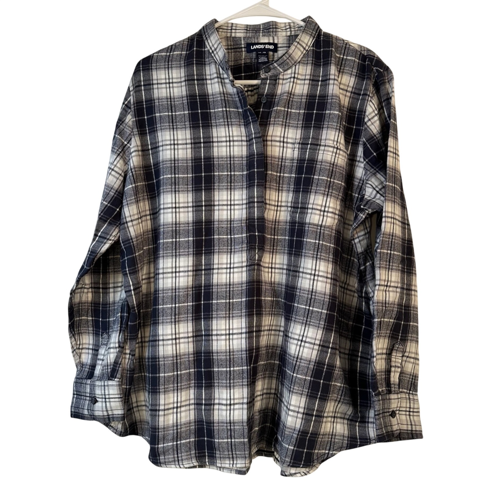 Lands End Womens Xl/P Navy Blue White Plaid Cotton Flannel Button Down Tunic